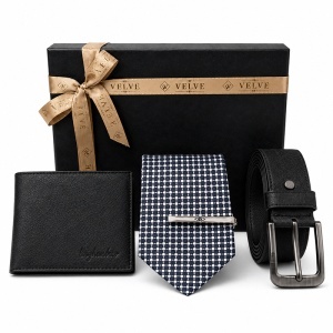 Set pentru barbati Onyx Edition cu portofel si curea din piele ecologica, cravata eleganta si ac de cravata, in cutie eleganta