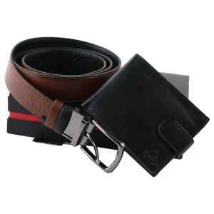 Set pentru barbati Regalo Reale, portofel negru și curea maro din piele, cutie eleganta - Img 3