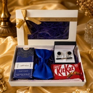 Set pentru barbati Royal Blue Edition, cu parfum arabesc Sayaad Al Quloob 50 ml, papion albastru, butoni, ac de cravata si ciocolata - Img 6