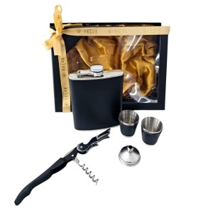 Set pentru barbati VLV, cu plosca, pahare, palnie si tirbuson multifunctional, negru