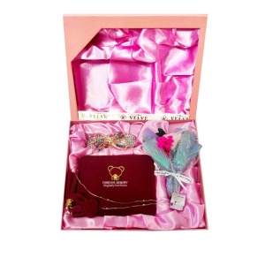 Set pentru femei JESOU COLLECTION LED, cutie cu trei articole practice, portofel, clema pentru par si mini buchet floral, Rosu inchis