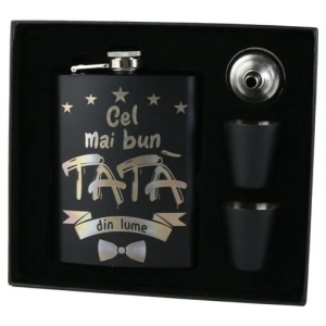 Set personalizat „Cel mai bun Tata din lume” cu plosca, palnie si doua pahare, Negru