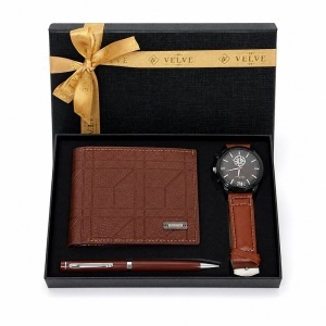 Set premium pentru barbati cu portofel maro din piele eco, ceas si pix, in cutie eleganta