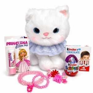 Set premium pentru fetite, Pisicuta de plus cu guler dantelat, dulciuri Kinder, bratari si accesorii de par, in punga eleganta cu funda