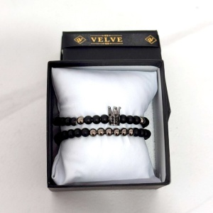 Set Royal pentru barbati, doua bratari cu pietre semipretioase si cristale zirconiu, ambalate in cutie neagra cu pernuta, Negru/Silver 2