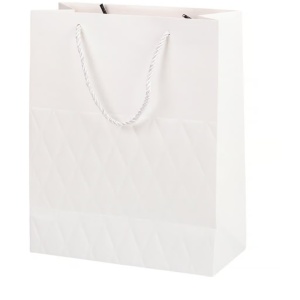 Set trei pungi pentru cadou, model alb cu romburi aurii, 15 x 12 x 7 cm