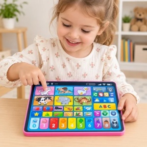 Tableta educativa interactiva in limba romana, cu animale, cifre, litere, instrumente si sunete, roz - Img 3