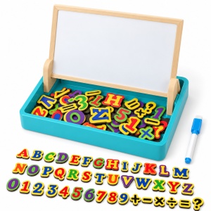 Tablita magnetica educativa 2 in 1 WB Wooden Toys, 42 litere, cifre si simboluri, marker si cutie, 3+ ani - Img 4