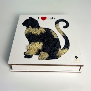 Tablou decorativ cu licheni stabilizați „I Love Cats”, siluetă pisică, 20x20 cm, Multicolor - Img 2