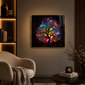 Tablou decorativ modern Copacul Vietii Multicolor 3D in relief, cu cristale, rama aurie, 40x40 cm - Img 4