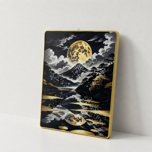 Tablou decorativ modern Muntele Fuji si Luna Plina 3D in relief, cu cristale, rama aurie, 40x30 cm - Img 3