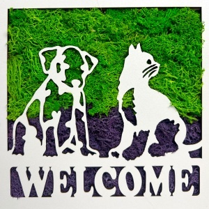 Tablou decorativ Welcome cu licheni stabilizați și siluete de animale, 20x20 cm, Verde - Img 2