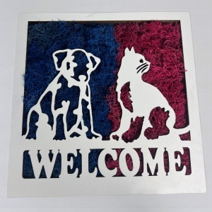Tablou decorativ Welcome cu licheni stabilizați și siluete de animale, 20x20 cm, Albastru – Fucsia - Img 2
