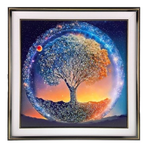 Tablou mare abstract, cu efect stralucitor, Arborele Cosmic, in rama aurie, 72x72 cm