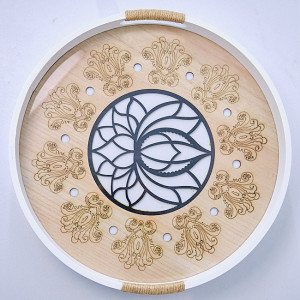 Tava Lotus, din lemn cu baza din sticla si model traditional asiatic, 35cm