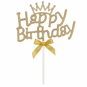 Topper " Happy Birthday " cu coroana, Auriu