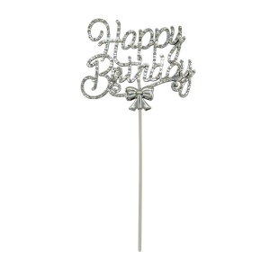 Topper Happy Birthday cu strasuri si fundita, argintiu