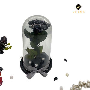 Trandafir Criogenat cu accesorii, blat negru, pe pat de petale, negru