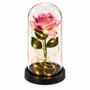 Trandafir decorativ cu LED, in cupola transparenta, 20 cm, in cutie cadou, Roz