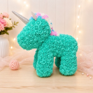 Unicorn floral turcoaz din trandafiri de spuma cu LED-uri, in cutie transparenta, 40 cm - Img 2