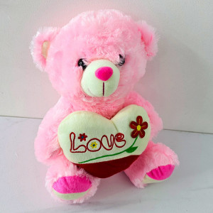 Ursulet de plus BUBU, cu inimioara si imprimeu Flower cu text "LOVE", inaltime 30 cm, Roz 2