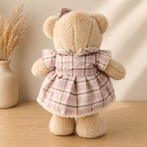 Ursulet de plus premium, fetita cu rochita roz in carouri, inaltime 35 cm - Img 3
