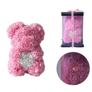 Ursulet floral 25cm, cu LED-uri luminoase, din trandafiri spuma roz cu inima rosie, in cutie cadou