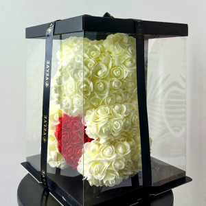 Ursulet floral 30 cm, cu LED-uri luminoase, trandafiri spuma cu inima rosie, in cutie cadou, Alb
