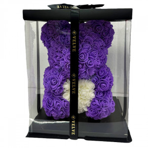Ursulet floral 30 cm, cu LED-uri luminoase, trandafiri spuma cu inima alba, in cutie cadou, Mov - Img 4