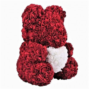 Ursulet floral bordo cu inima alba din Trandafiri 40 cm, decorat manual, cutie cadou