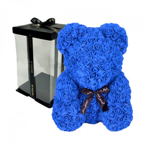 Ursulet floral cu trandafiri din spuma, 25 cm, decorat manual, cutie cadou, Albastru
