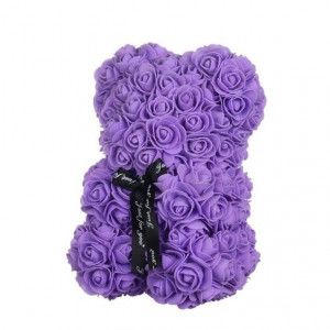 Ursulet floral cu trandafiri din spuma, 25 cm, decorat manual, cutie cadou, Mov