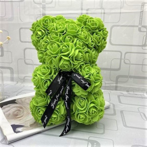 Ursulet floral cu trandafiri din spuma, 25 cm, decorat manual, cutie cadou, Verde