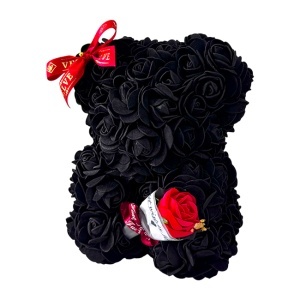 Ursulet floral cu trandafiri din spuma si buchet decorat manual, cu mesaj, Negru, 20 cm