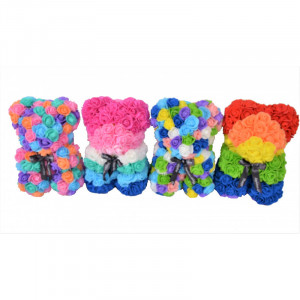Ursulet floral multicolor din Trandafiri 25 cm, decorat manual, cutie cadou, albastru-galben-alb - Img 2