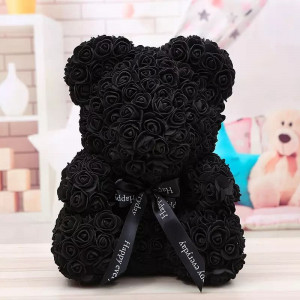 Ursulet floral negru din Trandafiri 40 cm, decorat manual, cutie cadou - Img 2