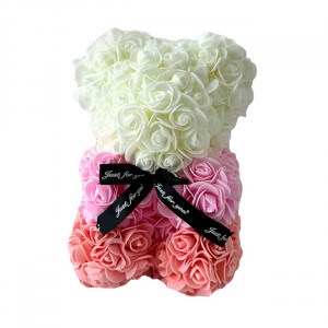 Ursulet Floral Teddy Bear Rainbow cu trandafiri din spuma hand-made, 25 cm, in cutie cadou, Corai