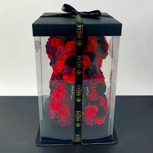 Ursulet floral Triple Color din trandafiri spuma, rosu negru, 25 cm, in cutie transparenta eleganta - Img 5