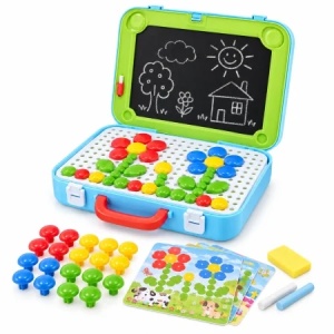 Valiza creativa 2 in 1 cu tabla de desen si joc mozaic, 47 piese, 8 planse duble si accesorii, albastru, 3+ ani