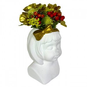 Vaza Girl, din material ceramic, cu aranjament floral artizanal, Alb/Auriu 3