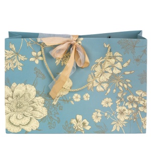 Ambalaj pentru cadouri de tip punga, aspect floral, cu snur si panglica satinata, Turquoaz, 36 x 12 x 24 cm