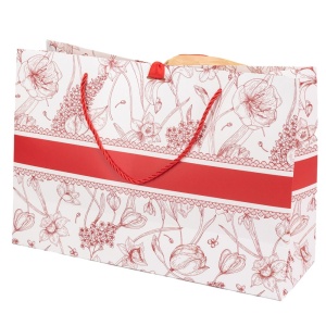 Ambalaj pentru cadouri tip punga, cu model floral, snur si panglica satinata, Rosu, 36 x 12 x 24 cm