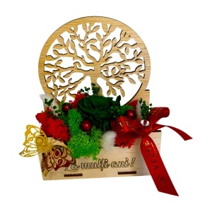 Aranjament floral „La multi ani", trandafir criogenat și licheni stabilizați, in suport decorativ din lemn - Img 3