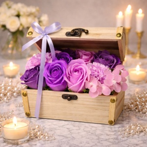 Aranjament floral Chesty cu trandafiri, hortensii si garoafe din sapun in cutie tip cufar, roz-mov