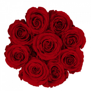 Aranjament floral cu 9 trandafiri de sapun, in cutie alba rotunda, rosu