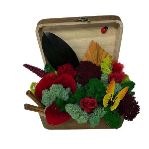 Aranjament floral cu trandafir criogenat, in cutiuta tip cufar, rosu, 21 x 13 cm