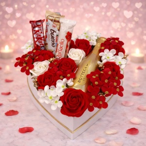 Aranjament floral Delicious White Red, cutie inima cu trandafiri de sapun, hortensii, Prosecco Bottega si dulciuri