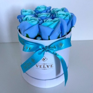Aranjament floral Glamour Double Color, cutie rotunda cu 7 trandafiri sapun in doua culori, Blue - Img 4