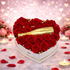 Aranjament floral Gold Red, cutie inima cu trandafiri de sapun si Prosecco Bottega Gold