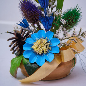 Aranjament floral in ghiveci, din flori uscate, albastru, 27cm